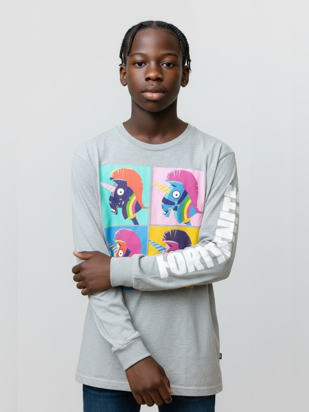 FORTNITE Boy’s Long Sleeve Tee with Colorful Unicorn Panels Gray Size L (14-16)